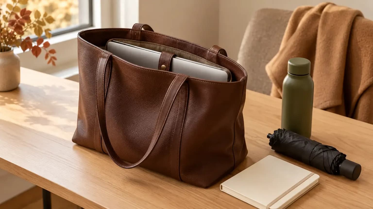 Brown leather tote with laptop essentials