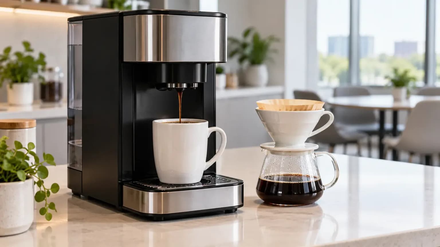 Office coffee, machine and pour-over